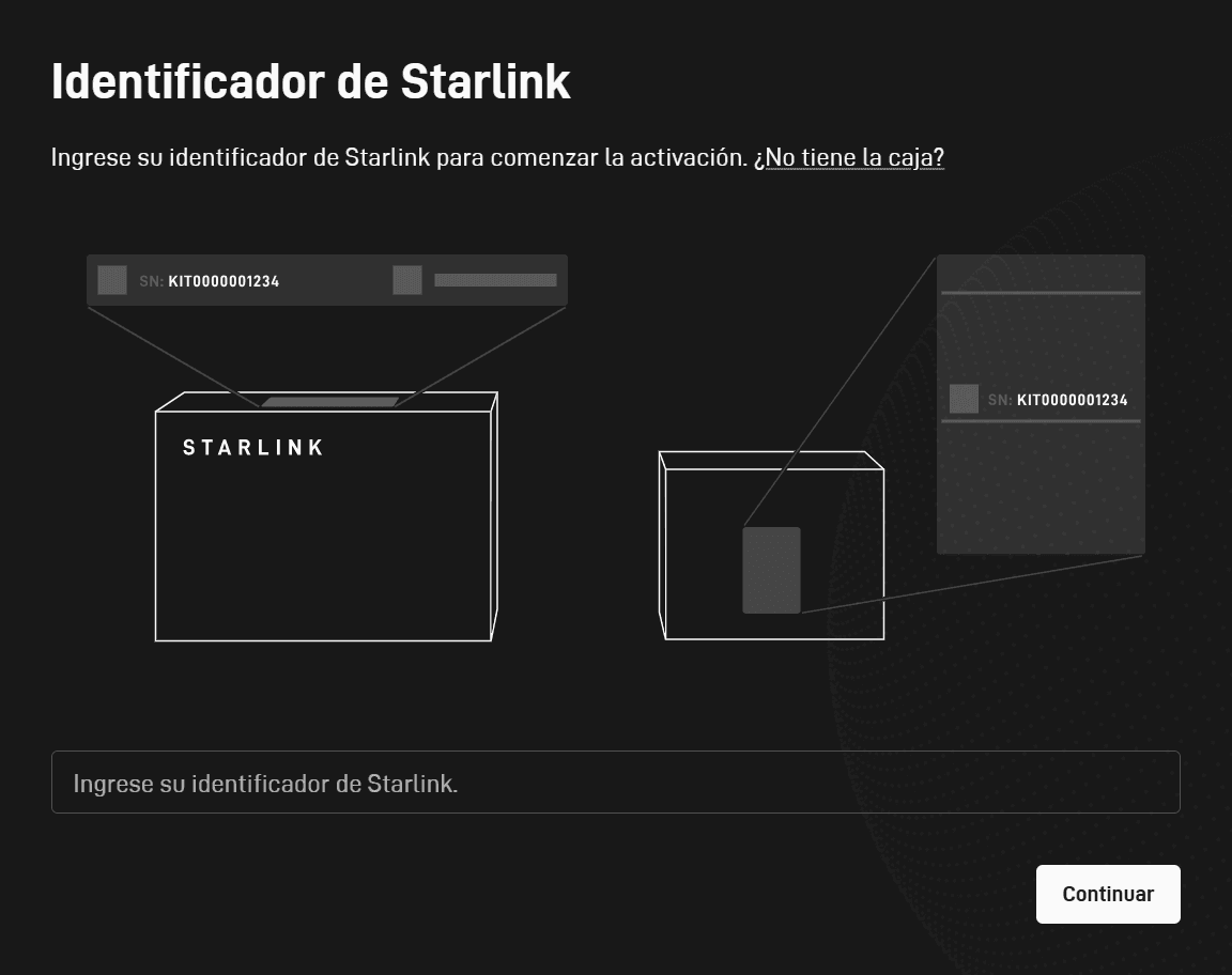 Pantalla de activación de Starlink pidiendo el identificador del kit