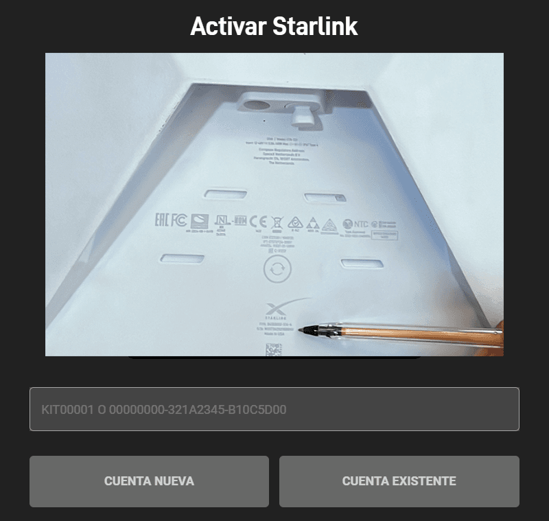 Pantalla de activación de Starlink y ubicación del número de serie en la antena