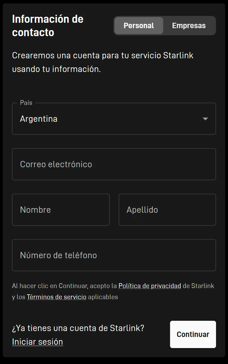 Formulario de información de contacto de Starlink: país, correo, nombre, apellido y teléfono