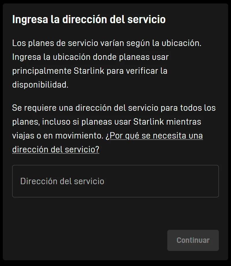 Pantalla de Starlink para ingresar la dirección del servicio