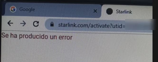 Página de activación de Starlink en blanco con el mensaje Se ha producido un error