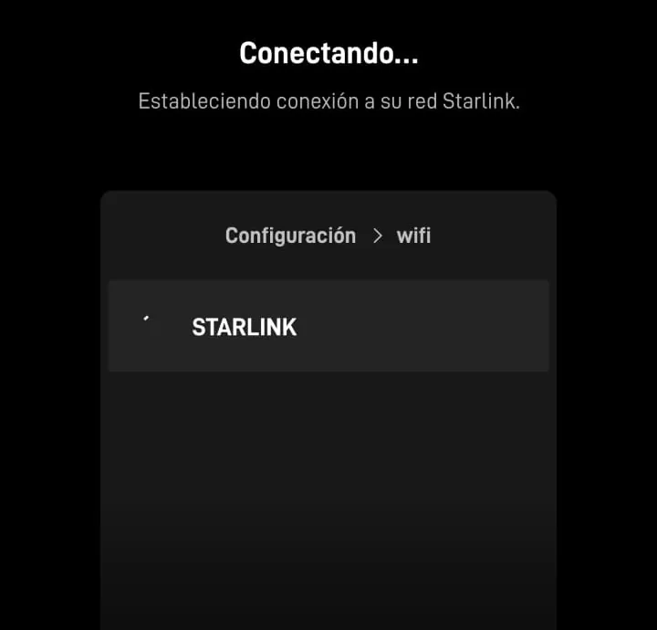 App de Starlink en la pantalla Conectando, esperando que el celular se conecte a la red WiFi STARLINK