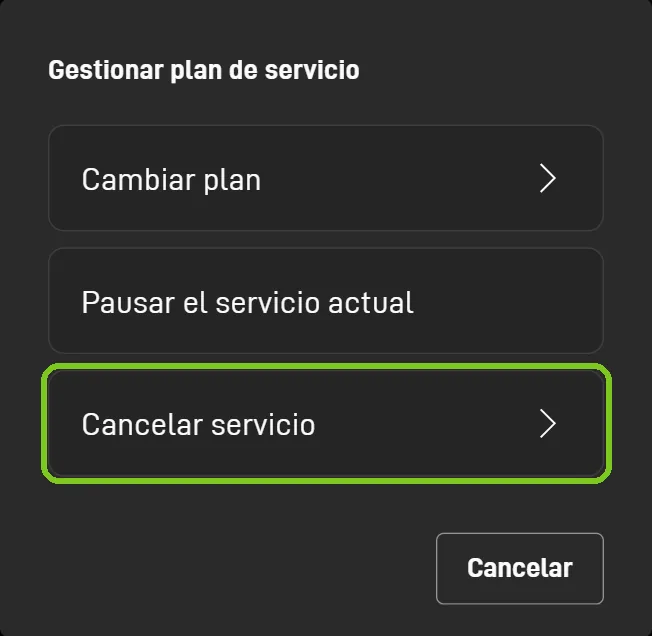 Ventana Gestionar plan de servicio de Starlink: opciones Cambiar plan, Pausar el servicio actual y Cancelar servicio